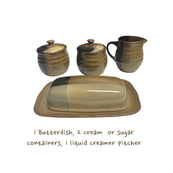 Sango China Butter Dish & Creamer Set - 4 Piece Brown & Black Ceramic Set - Picture 1 of 13